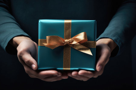 Hands holding a gift box with a gold bow on dark background.の素材