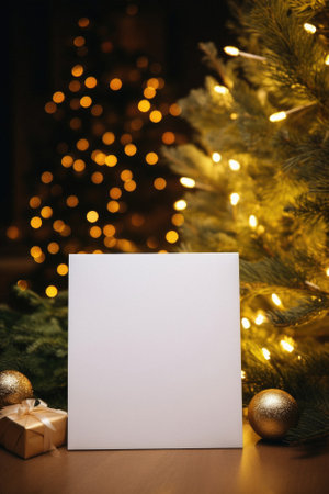 Blank card with christmas tree and bokeh lights on background.の素材