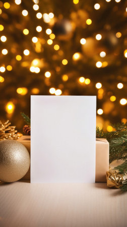 Blank card with christmas decoration on bokeh lights background.の素材