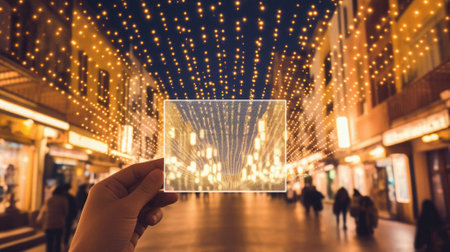 Hand holding digital tablet with bokeh light in city at night.の素材