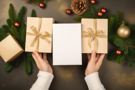 Female hands hold a gift box with a blank sheet of paper. Christmas background.の素材