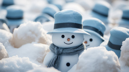 Snowman with hat and scarf in the snow. Christmas background.の素材