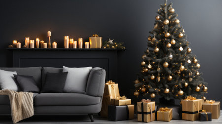 Christmas living room interior with a Christmas tree and gifts.の素材