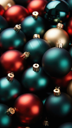 Colorful christmas ornaments on a black background closeup.の素材