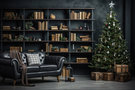 Christmas tree in the living room with a sofa.の素材