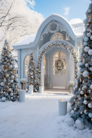 Beautiful winter garden with Christmas trees and decorations in the snow.の素材