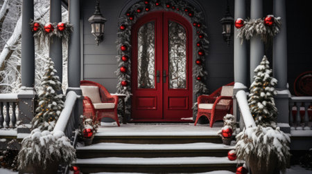 Red wooden door with christmas decorations and wicker chair in winter.の素材