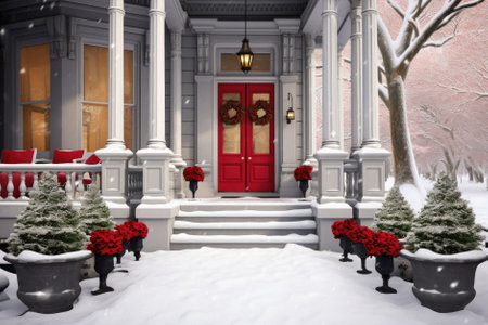 Of a front door of a house decorated for Christmas.の素材