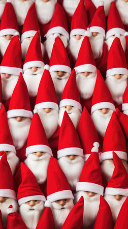 Christmas or New Year background with Santa Claus heads in red hats.の素材