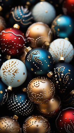 Close up of christmas ornaments on a black background.の素材