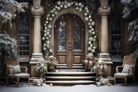 Beautiful christmas decorations on the porch of a house in winter.の素材