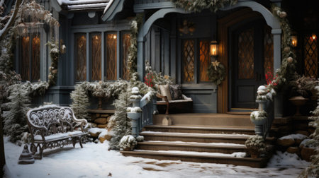 Christmas decorations on the porch of a private house in the winter.の素材