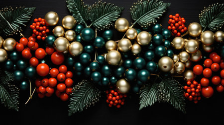 Beads and berries on a black background, close-up.の素材