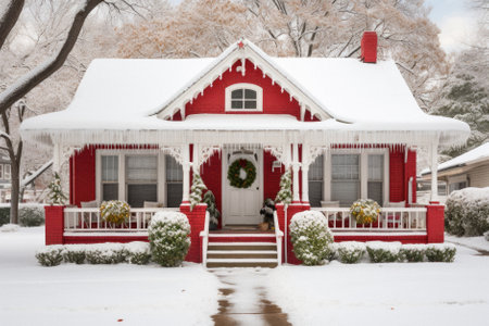 A red house in a snow covered neighborhood in South Dakota during the winter.の素材