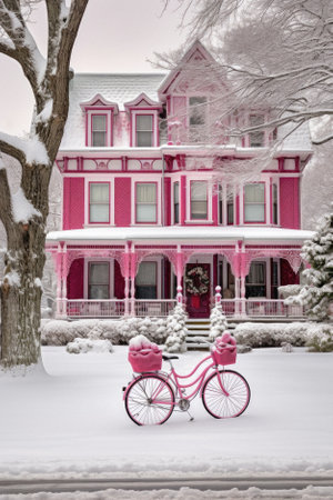 Pink bicycle with pink house in winter, New York, USA.の素材
