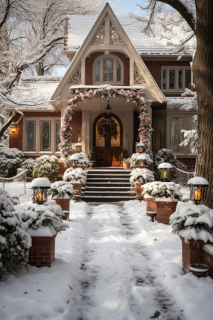 A view of the entrance to a beautiful home during a snow storm.の素材