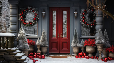 Of christmas decorations on the front door of a house.の素材