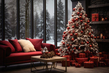 Red sofa in the living room with Christmas tree and gifts.の素材