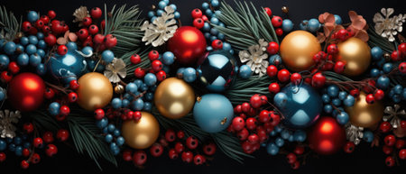 Christmas and New Year background with red and blue baubles, fir branches, pine cones and berries.の素材