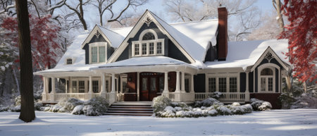 Beautiful old wooden house in the park during winter season with snow.の素材