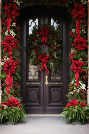 Christmas decoration with red poinsettia on front door of house.の素材