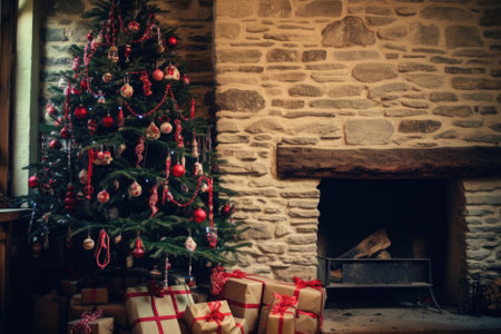 Christmas tree with presents in front of fireplace. Filtered image processed vintage effect.の素材