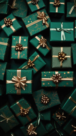 Green gift boxes on dark background. Christmas and New Year concept.の素材