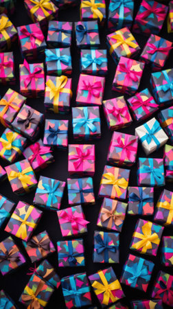 Colorful gift boxes with ribbons on black background. Top view.の素材