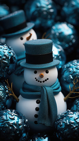 Snowman and blue christmas balls, close up, toned.の素材