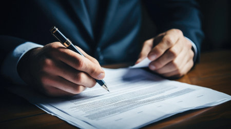 Businessman signing a contract. Close-up of a man signing a document.の素材