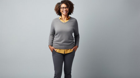 Happy african american mature woman in eyeglasses on grey background.の素材