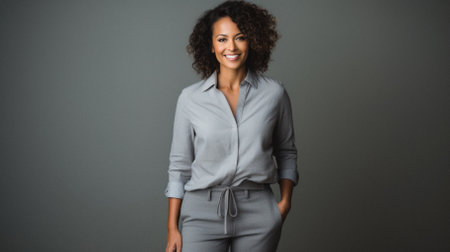 Portrait of a smiling african american businesswoman standing against grey background.の素材