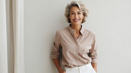 Portrait of smiling mature businesswoman standing with hands in pockets at office.の素材