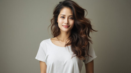 Beautiful asian woman in white t-shirt on gray background.の素材