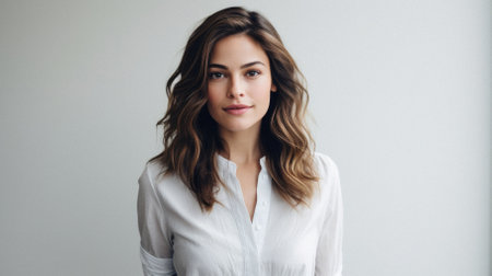 Portrait of beautiful young woman in white shirt looking at camera isolated on grey.の素材