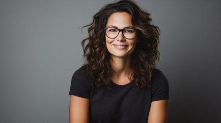 Portrait of a beautiful young woman wearing glasses and smiling at camera.の素材