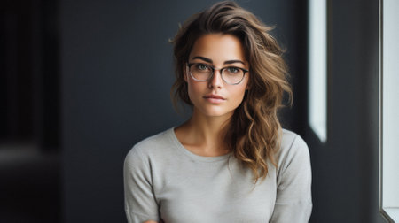 Portrait of beautiful young woman in eyeglasses looking at camera.の素材