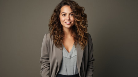 Portrait of a beautiful young businesswoman with curly hair, isolated on gray background.の素材