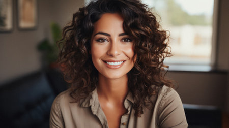 Portrait of a beautiful young woman with curly hair looking at camera.の素材