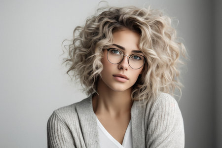 Portrait of beautiful young woman with curly hair and eyeglasses.の素材