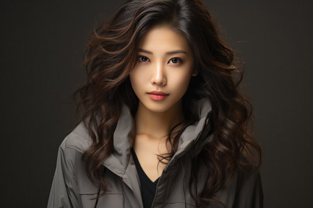 Beautiful young asian woman with long curly hair on black background.の素材