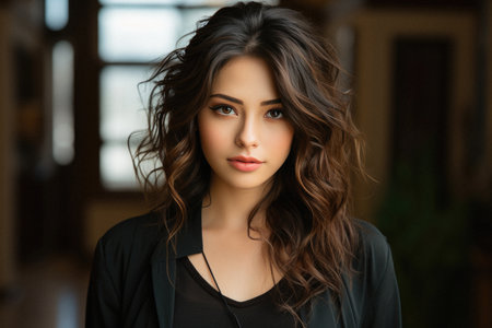 Portrait of beautiful young woman with makeup and long curly hair.の素材