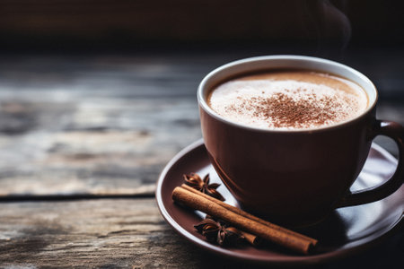 Cup of coffee with cinnamon and anise on a wooden table.の写真素材