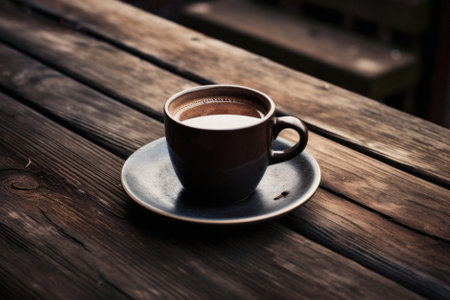 Coffee cup on wooden table in coffee shop, stock photo.の写真素材