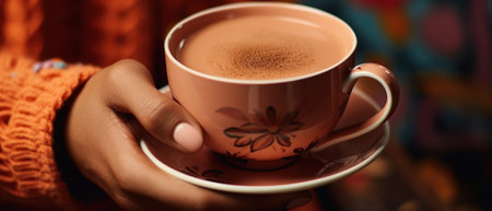 Close-up of a womans hand holding a cup of coffee.の写真素材