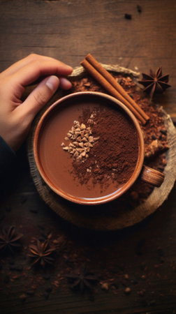 A cup of hot chocolate with cinnamon and anise on a wooden background.の写真素材