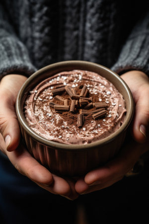 Woman holding bowl with delicious chocolate mousse, closeup. Winter dessert.の写真素材