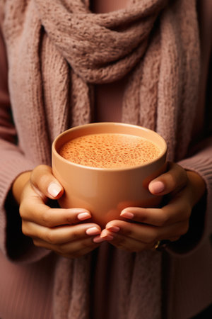 Woman holding cup of hot cocoa, closeup. Cozy winter drink.の写真素材