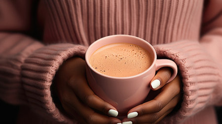 Close up of female hands holding a cup of hot cocoa drink.の写真素材