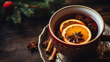 Cup of hot mulled wine with spices on wooden background.の写真素材